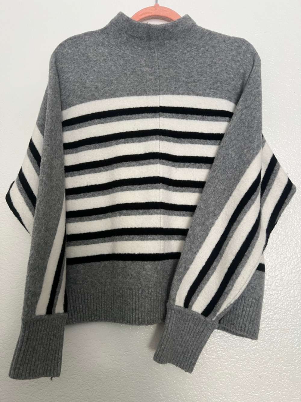 LOFT Gray Striped Mock-Neck Sweater with Black and White Bands